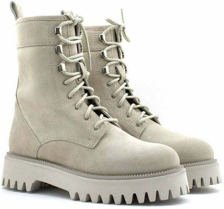 Emanuelle Vee Suède Veterschoen met Zilveren Oogjes Beige Dames