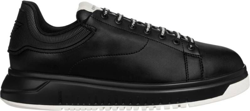 Emporio Armani Leren Vetersneakers met Rubberen Logo Black Heren