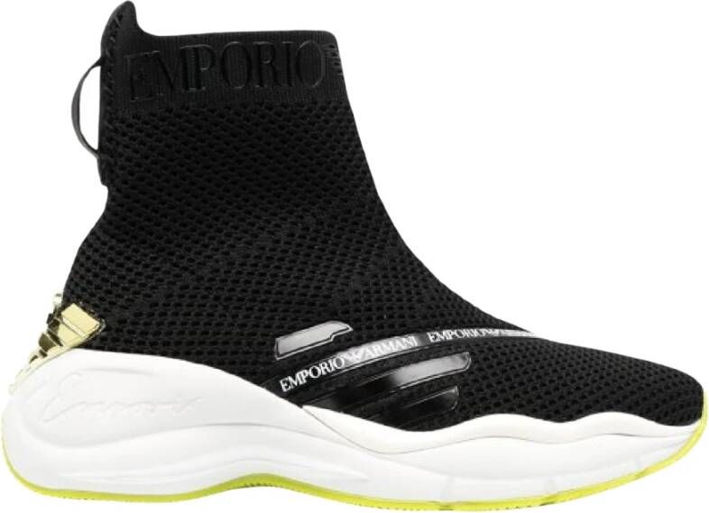 Emporio Armani Chunky Gebreide Zwarte Sneakers met 3D Lime Groen Adelaar Logo Black Dames