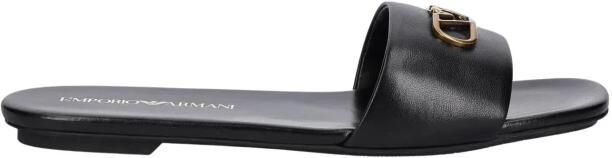 Emporio Armani Zwarte leren platte sandalen vierkante neus