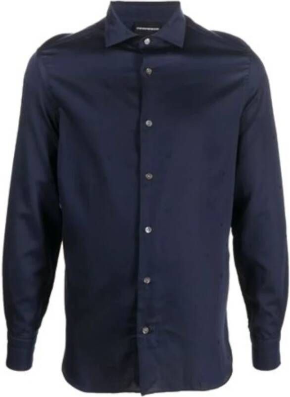 Emporio Ar i Marineblauw Regular Fit Overhemd met All Over Adelaar Logo