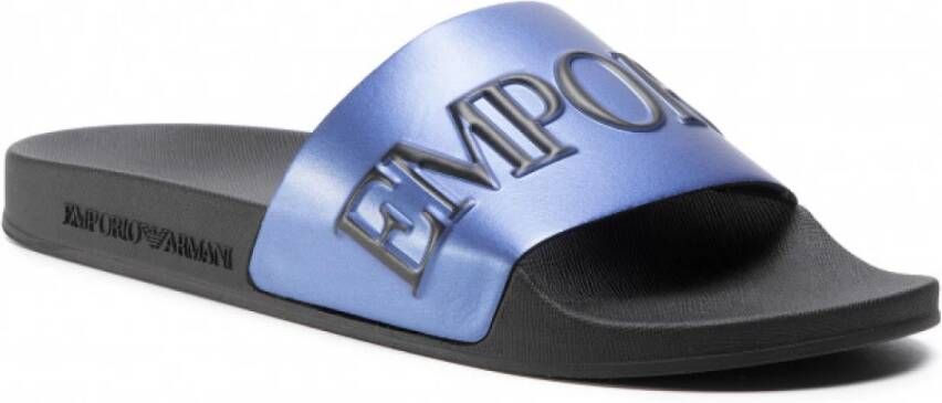 Emporio Armani Metallic Logo Slippers Blue Heren
