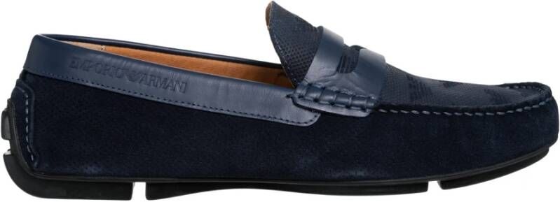 Emporio Armani Marineblauwe Suede Rij Mocassin met Adelaar Logo Blue Heren