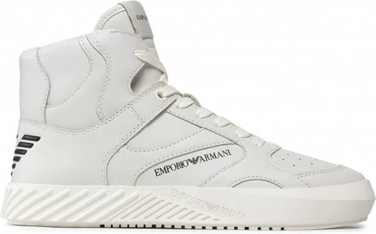 Emporio Armani Off White Hoge Top Leren Sneakers met Maxi Zwart Logo White Heren