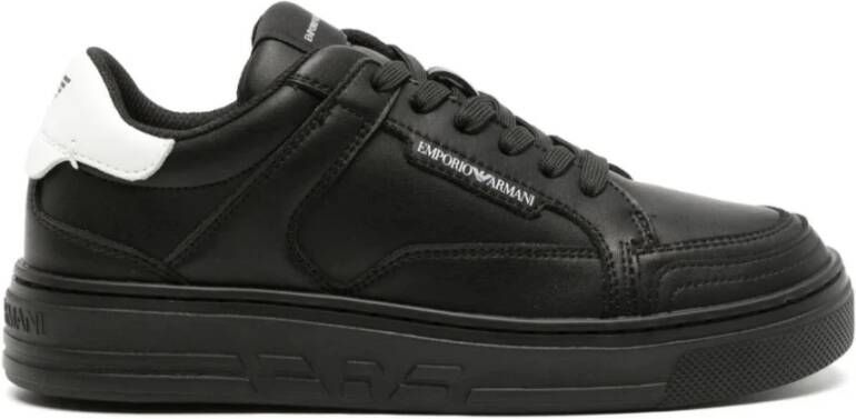 Emporio Armani Zwarte Leren Sneaker met Logo Detail Black Dames