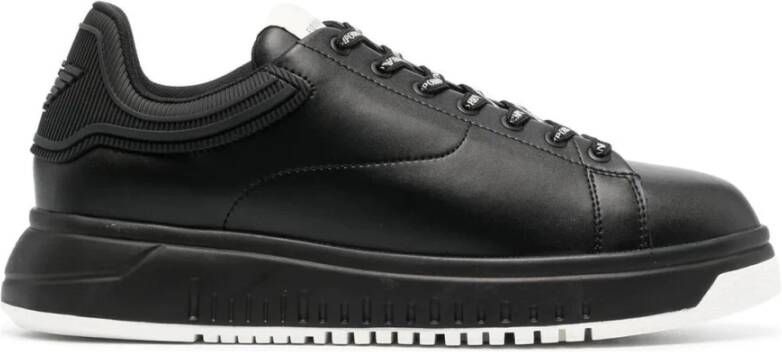 Emporio Armani Leren Vetersneakers met Rubberen Logo Black Heren