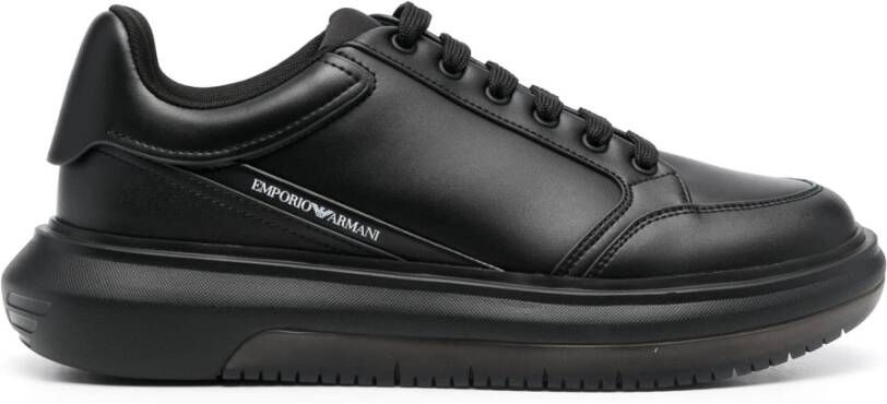 Emporio Armani Zwarte Leren Sneakers met Contrasterend Logo Black Heren