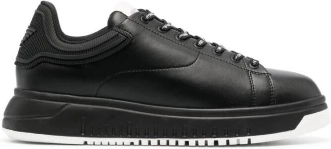 Emporio Armani Leren Vetersneakers met Rubberen Logo Black Heren