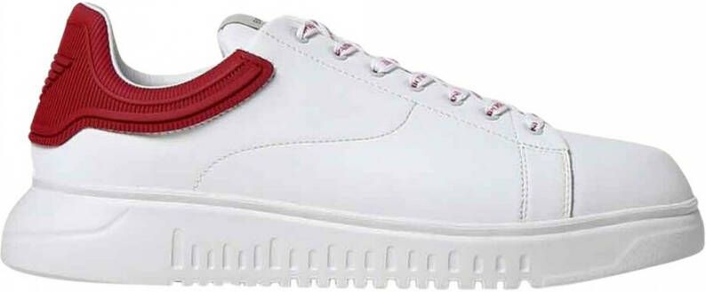 Emporio Armani Witte Leren Sneakers met Rode Rubberen Achterkant en Adelaar Logo White Heren