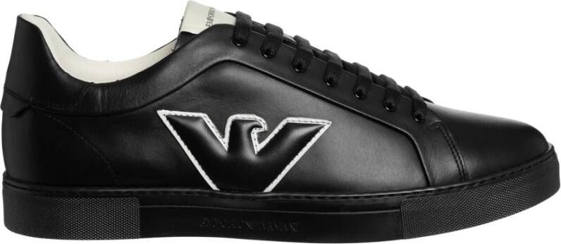 Emporio Armani Zwarte Leren Sneakers met Ingelegd Adelaarslogo Black Heren