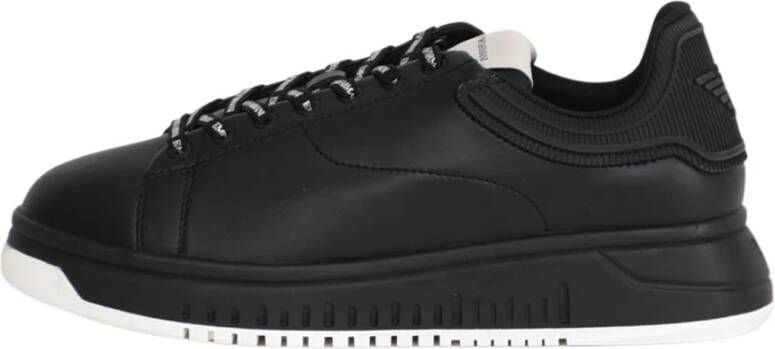 Emporio Armani Leren Vetersneakers met Rubberen Logo Black Heren