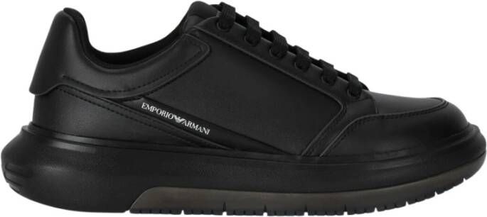 Emporio Armani Zwarte Leren Sneakers met Contrasterend Logo Black Heren