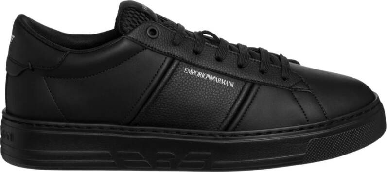 Emporio Armani Zwarte Leren Sneakers met Anatomische Rubberen Zool Black Heren