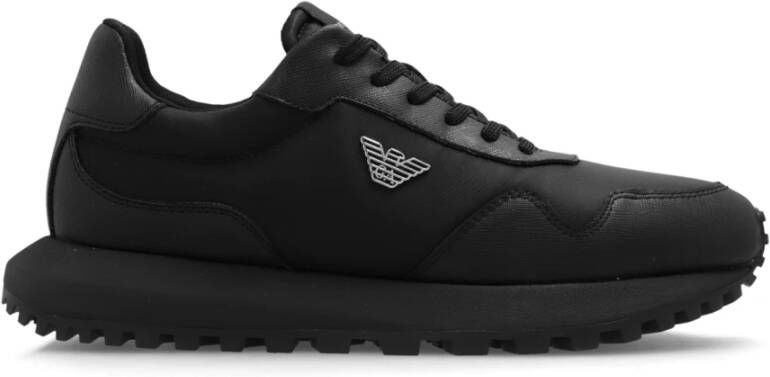 Emporio Armani Zwarte Sneakers met Metalen Adelaar Detail Black Heren