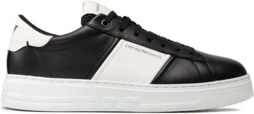 Emporio Armani Zwarte leren sneakers met witte contrastinzetten en logo-opschrift 43.5 Black Heren