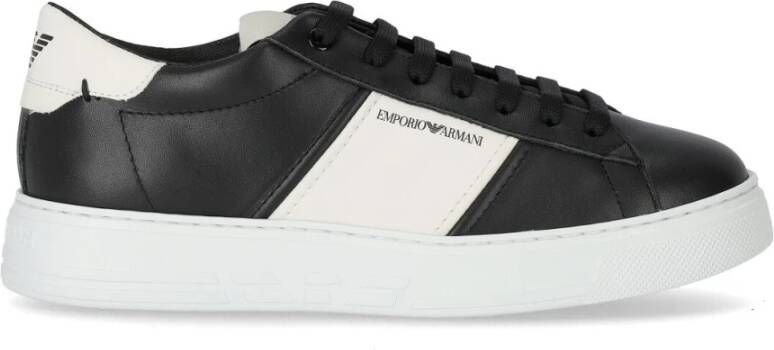 Emporio Armani Zwarte leren sneakers met witte contrastinzetten en logo-opschrift 43.5 Black Heren