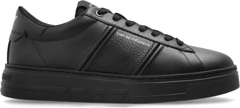 Emporio Armani Zwarte Leren Sneakers met Anatomische Rubberen Zool Black Heren