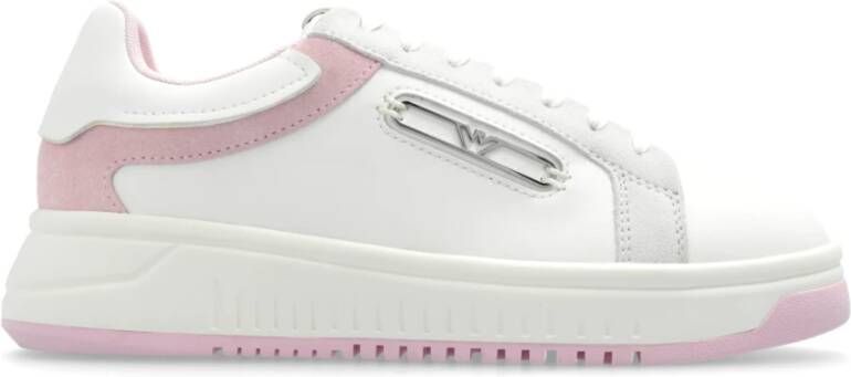 Emporio Armani Witte Roze Leren Sneaker met Metalen Adelaar Plaque White Dames