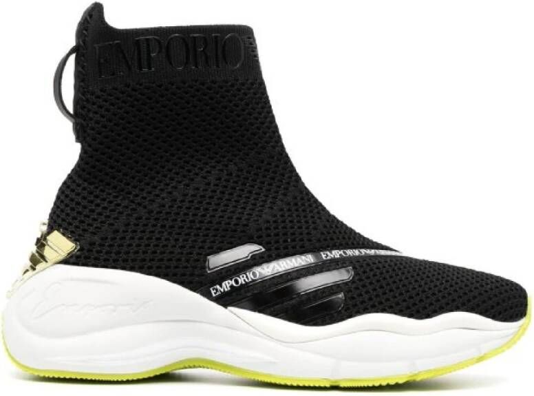 Emporio Armani Chunky Gebreide Zwarte Sneakers met 3D Lime Groen Adelaar Logo Black Dames