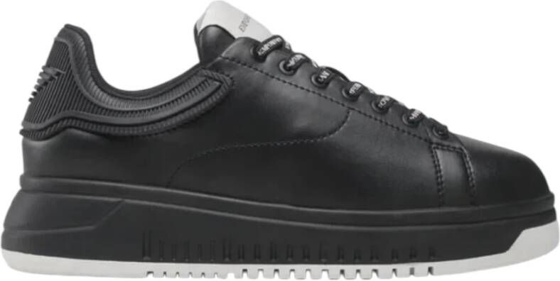 Emporio Armani Leren Vetersneakers met Rubberen Logo Black Heren