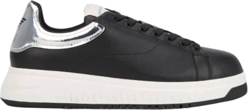 Emporio Armani Zwarte Leren Sneakers met Zilveren Spiegelende Achterinzet en Adelaar Logo Black Heren