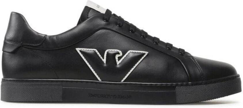 Emporio Armani Zwarte Leren Sneakers met Ingelegd Adelaarslogo Black Heren