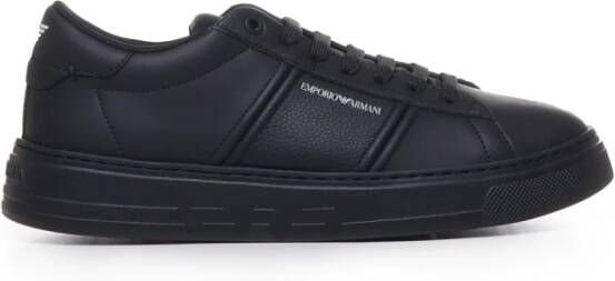 Emporio Armani Zwarte Leren Sneakers met Anatomische Rubberen Zool Black Heren