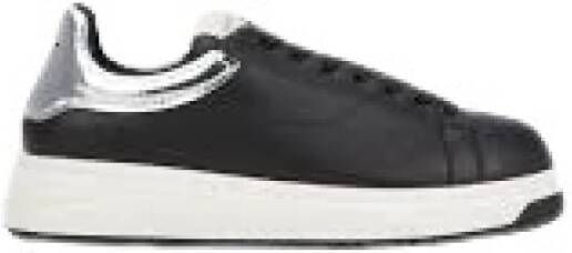 Emporio Armani Zwarte Leren Sneakers met Zilveren Spiegelende Achterinzet en Adelaar Logo Black Heren