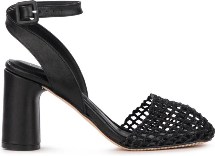 Eqüitare Zwarte Raffia Sandaal met Leren Band Black Dames