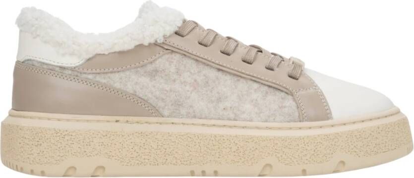 Estro Dames Bont Gevoerde Beige Winter Sneakers gemaakt van Echt Leer