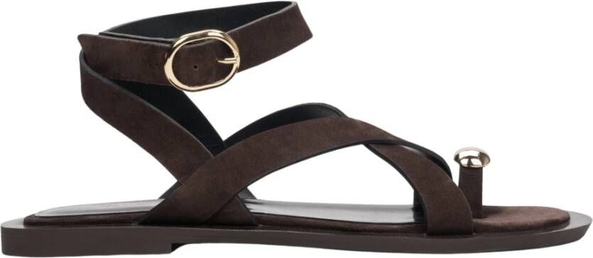 Estro Dames Zadelbruine Velours Strappy Sandalen met een Teenring