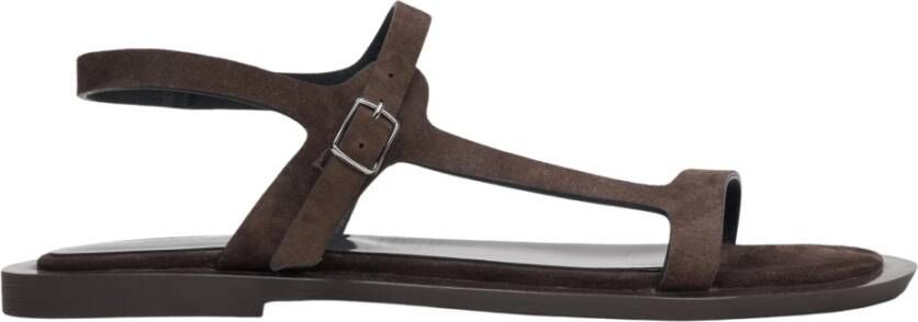 Estro Donkerbruine Velours Sandalen met Dunne Bandjes