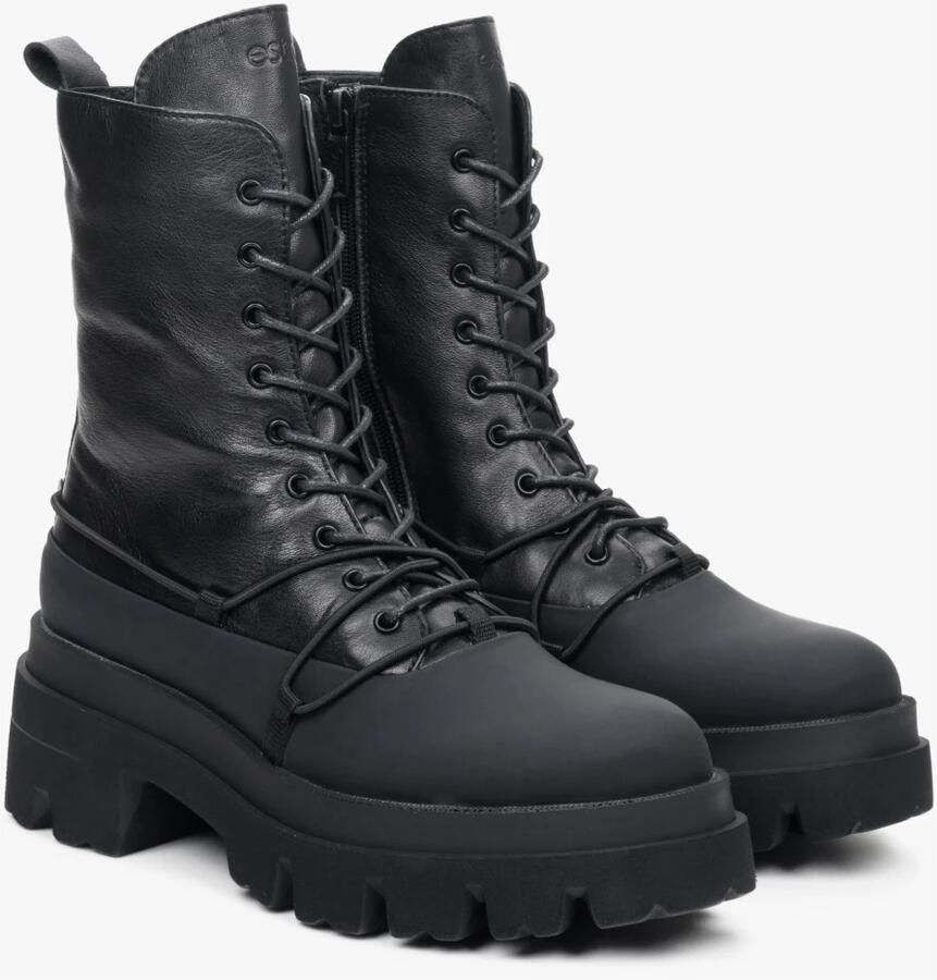 Estro Zwarte leren enkellaarsjes