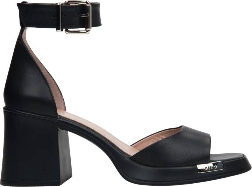 Estro Zwarte leren sandalen met blokhak
