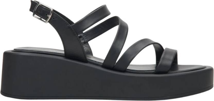 Estro Zwarte Leren Sleehak Sandalen Verhoog Stijl Black Dames