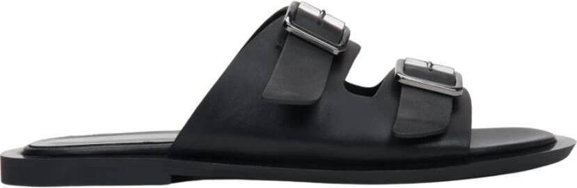 Estro Zwarte leren slippers met twee banden