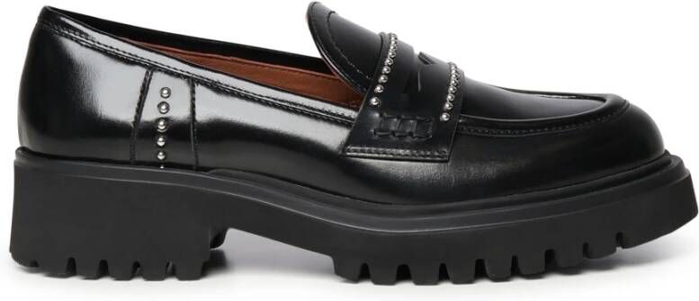 Evaluna Zwarte Leren Loafers Ronde Neus Schoenen