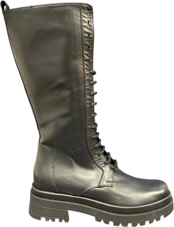 Exton Zwarte leren enkellaarzen rubberen zool Black Dames
