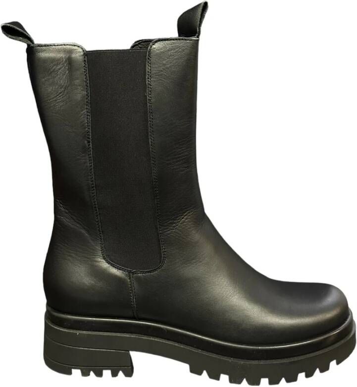 Exton Zwarte leren instap enkellaarzen Black Dames