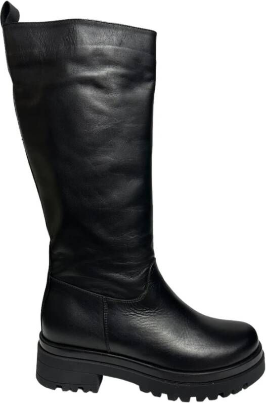 Exton Zwarte leren kuitlaarzen Black Dames