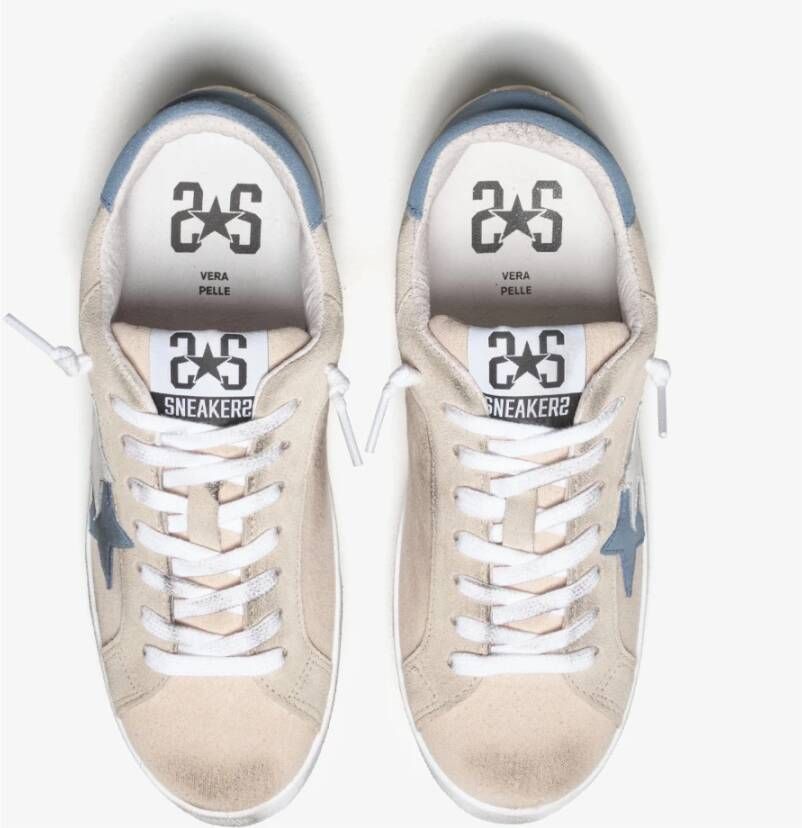 2Star Beige Suède Sneaker met Blauwe Details en Wit Leer