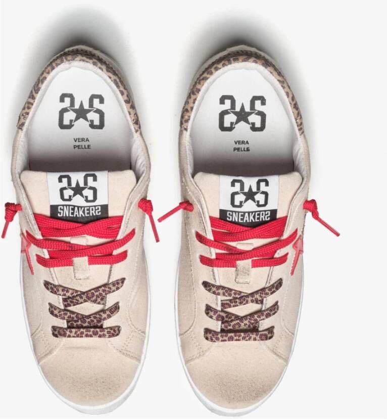 2Star Canvas Beige Sneakers met Rood Leer en Luipaard Details