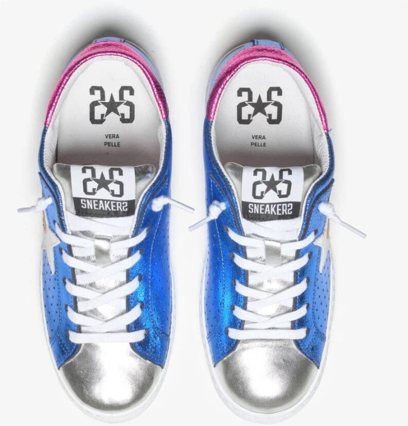 2Star Elektrisch Blauwe Leren Sneakers met Fuchsia Luipaard en Witte Details