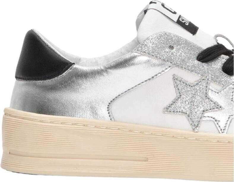 2Star Handgemaakte Italiaanse Leren Sneakers Wit Zilver Zwart