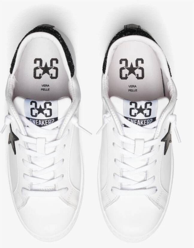 2Star Witte Leren Lage Sneaker met Glitterdetails en Zwart Leer