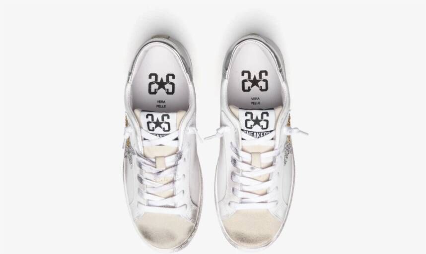2Star Witte Leren Lage Sneaker met IJs Goud en Zilver Details