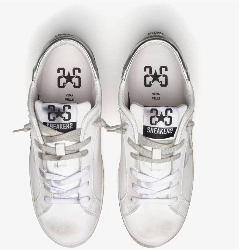 2Star Witte Leren Lage Sneakers met Zilveren Glitterdetails