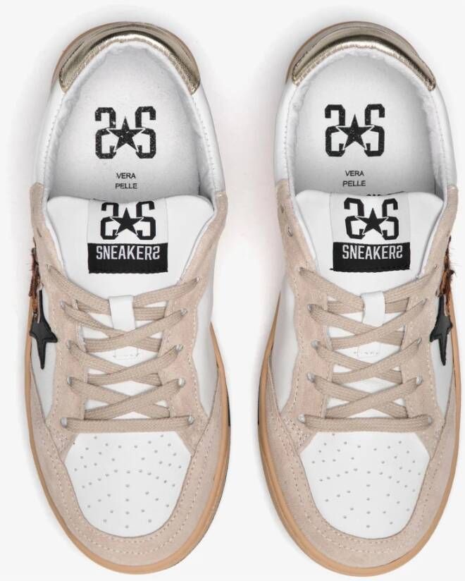 2Star Witte leren sneakers met beige zwart en luipaarddetails