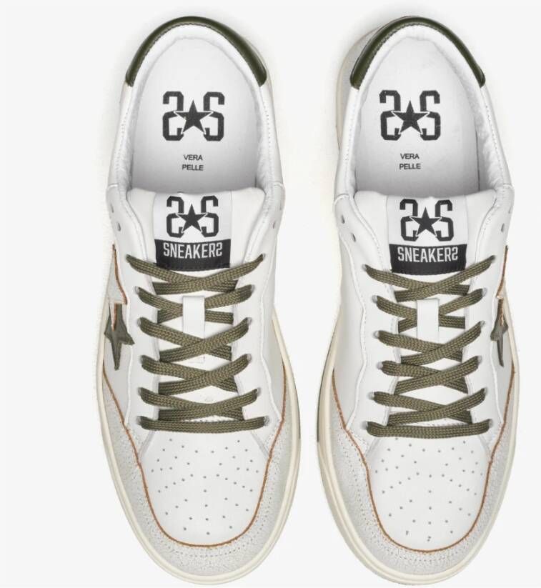 2Star Witte Leren Sneakers met Militair Groene Details