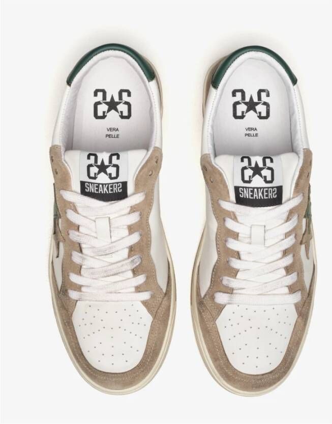 2Star Witte Leren Sneakers met Taupe en Groene Suède Details
